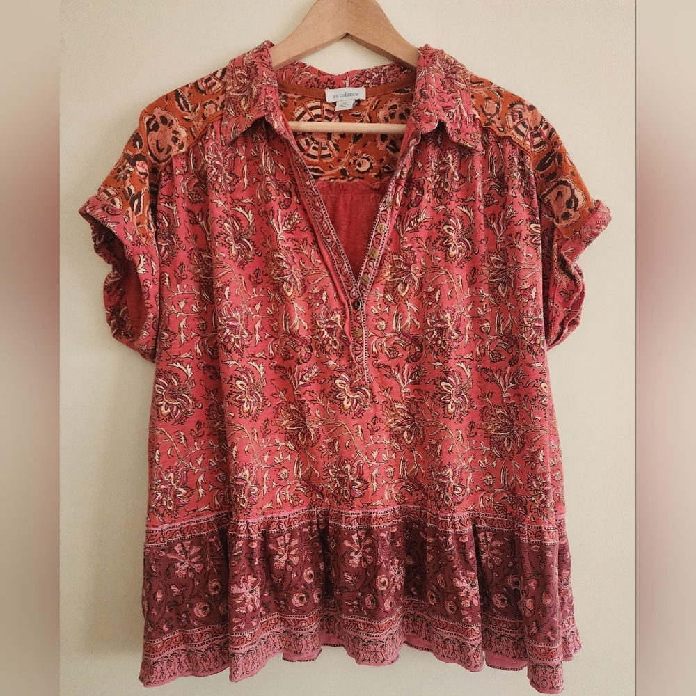 Sundance Calista XL Boho Tiered Casual Comfy Short Sleeve Pullover Cotton Top